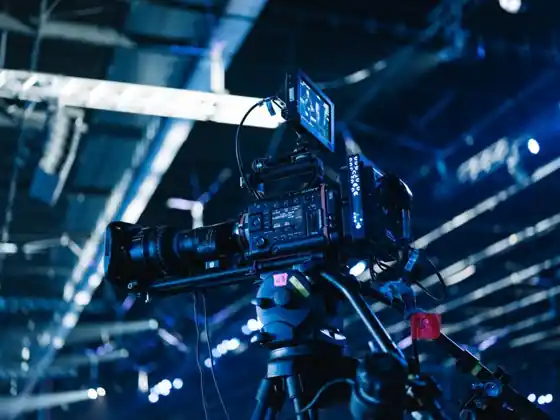 Live streaming studio set with cameras and lighting rigged for a broadcast rental